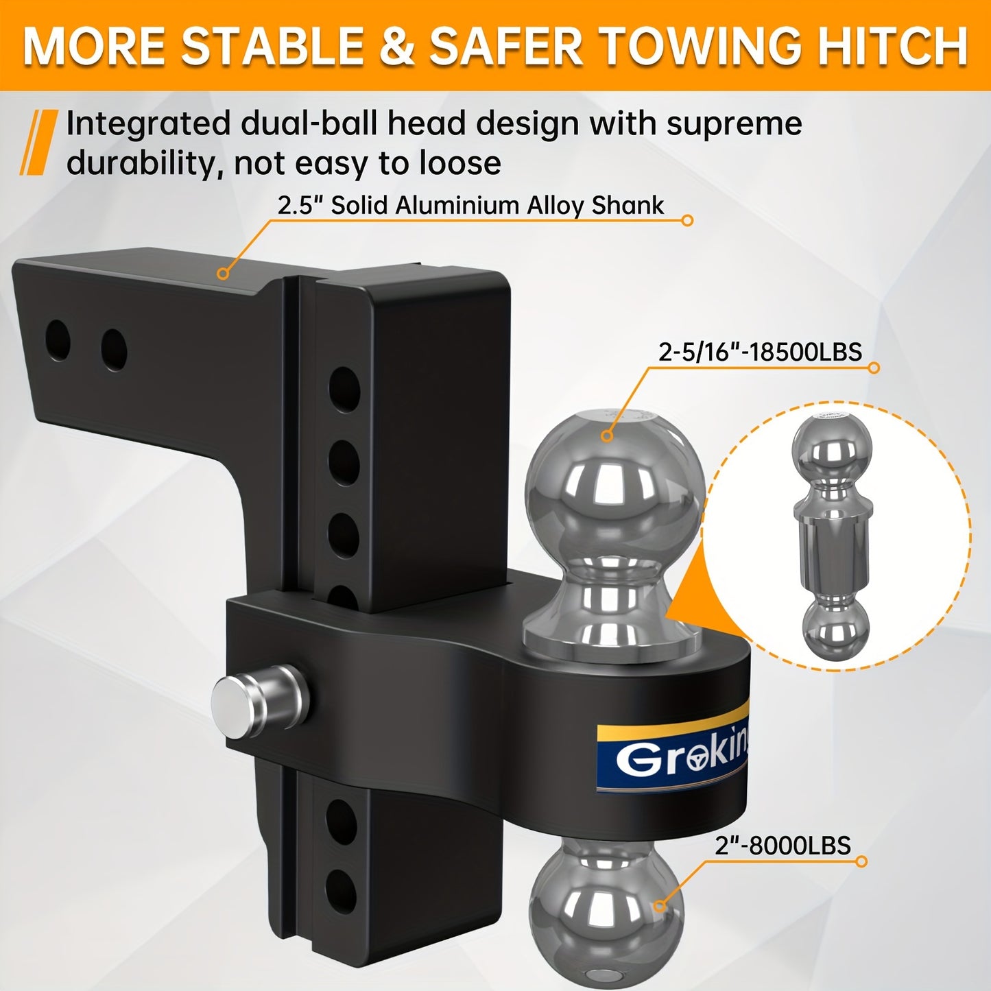 Adjustable Trailer Hitch Ball Mount, Fits 2.5" Receiver, 7 Inch Drop Hitch, 18,500 LBS, 2 Inch & 2-5/16 Inch Steel Dual Ball Hitch, Black Forged Solid Aluminum Hitch with Dual Hitch Pin Lock