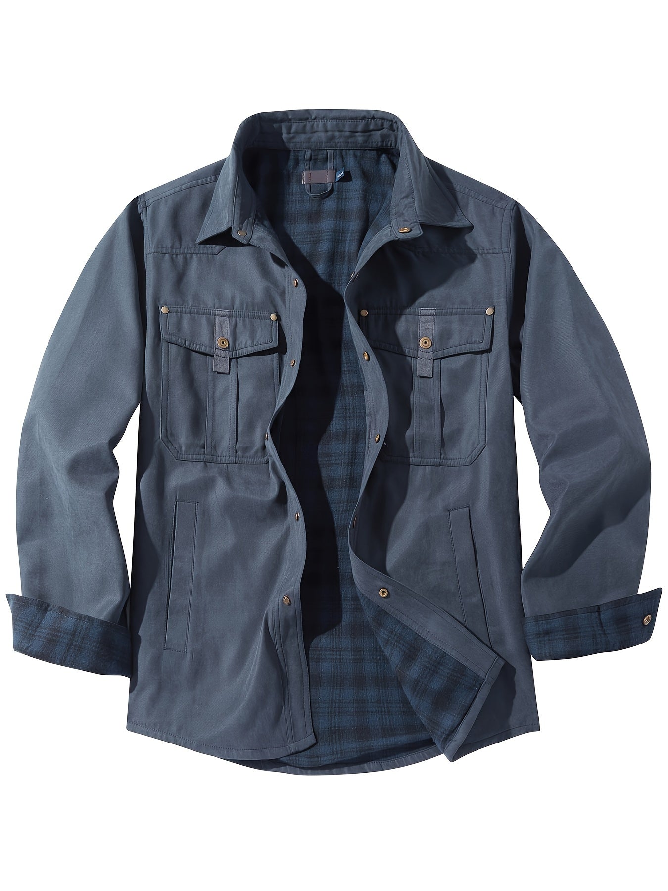 Stylish Men's Plaid Work Jacket - Classic Button Down Design, Flap Pockets, Windbreaker Style Outerwear for Spring and Fall Seasons, Mature Fashion Essential