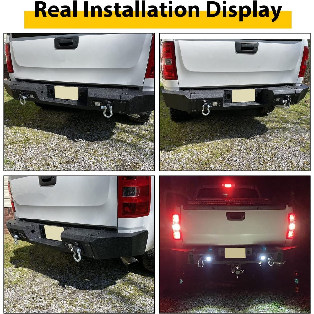 Rear Bumper Compatible with 2007-2013 Chevy Chevrolet S Series GMC Sierra 1500 W2 LED Lights D-rings Powder Coated Steel Black