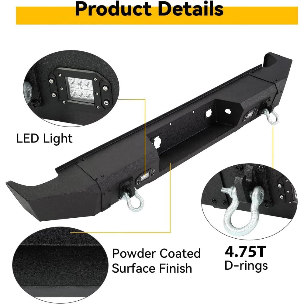 Rear Bumper Compatible with 2007-2013 Chevy Chevrolet S Series GMC Sierra 1500 W2 LED Lights D-rings Powder Coated Steel Black