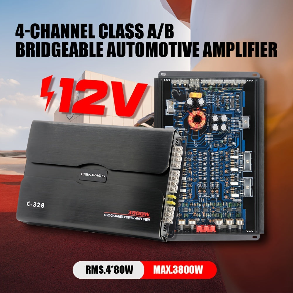MAX.3800W 4-channel Class A/B Car Stereo Amplifier, RMS.4*80W High Output, 2/4 Ohm Stable, High/low Level Input, Bridgeable, Good Heat Dissipation, Improved Sound Quality, Suitable For Speakers And Subwoofers