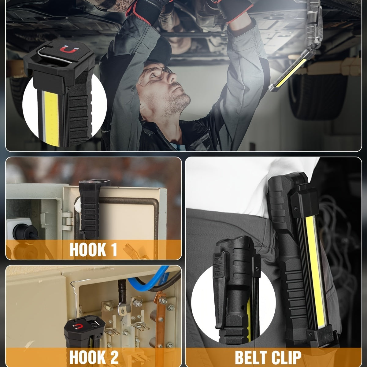 7 Lighting Modes High Lumens Rechargeable Work Light Magnetic Flashlight, Portable LED Grill Light, Foldable Mechanic Hand Held Light for Men, Car Repairing Tool, Guy Gift