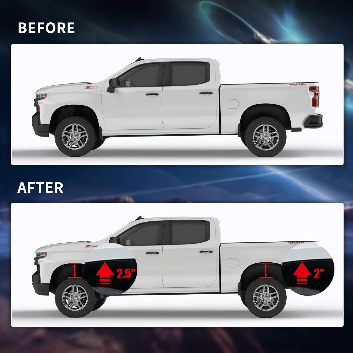 2.5" Front And 2" Rear Leveling Lift Kits for 2007-2023 pickup truck Sierra 1500, 2.5inch Front Strut Spacers And 2inch Rear Lift Blocks with Extended U Bolts