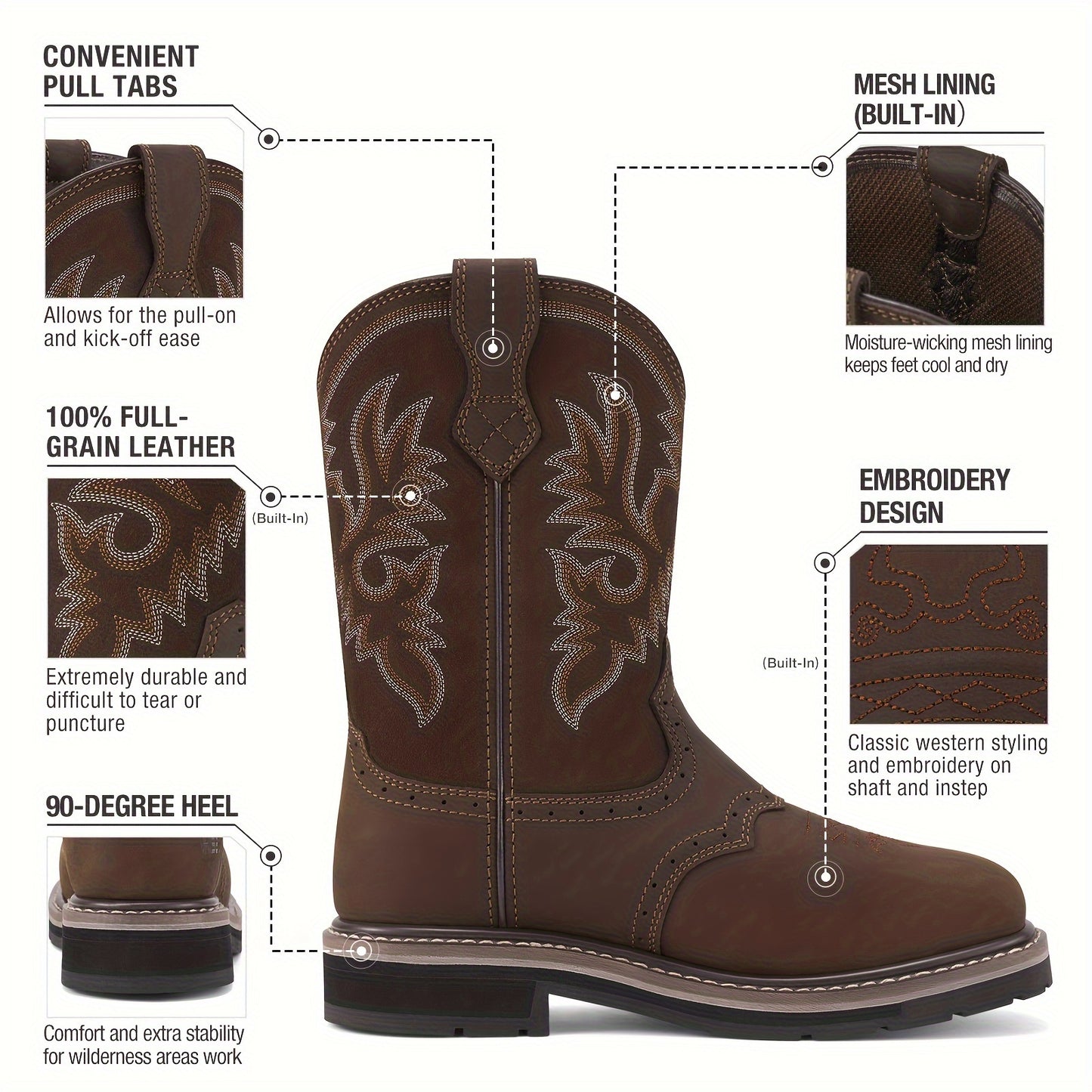 Men's Western Cowboy Steel Toe Work Boots - Industrial & Construction Boots with Square Toe, Soft Toe Option, and Safety Features for Heavy-Duty Protection and Comfort