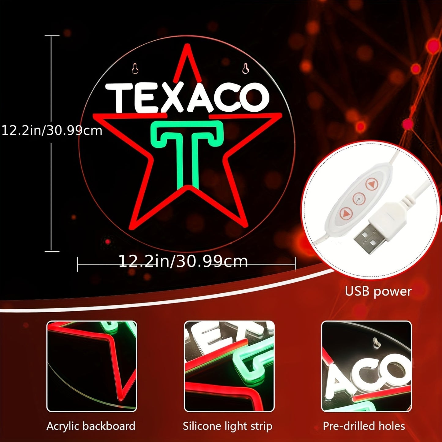 Texaco Star Neon Sign for Garage Decor, USB Powered LED Light Wall Hanging with Switch, Plastic Material, Ideal for Man Cave, Bar, Lubricant Shop, Gas Station Display - 12.2" Retro Illumination Decoration