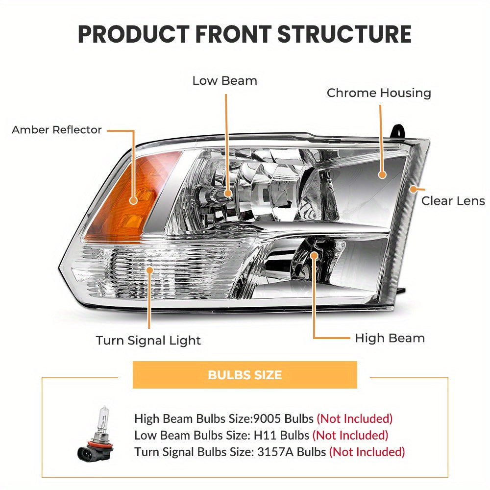 Headlight Plastic Housing + Lens For Dodge Ram 2009-2018 Headlight White, Black + Yellow, Clear Left Right Pair Halogen # CH2519135 CH2518135