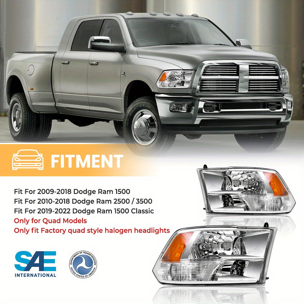 Headlight Plastic Housing + Lens For Dodge Ram 2009-2018 Headlight White, Black + Yellow, Clear Left Right Pair Halogen # CH2519135 CH2518135