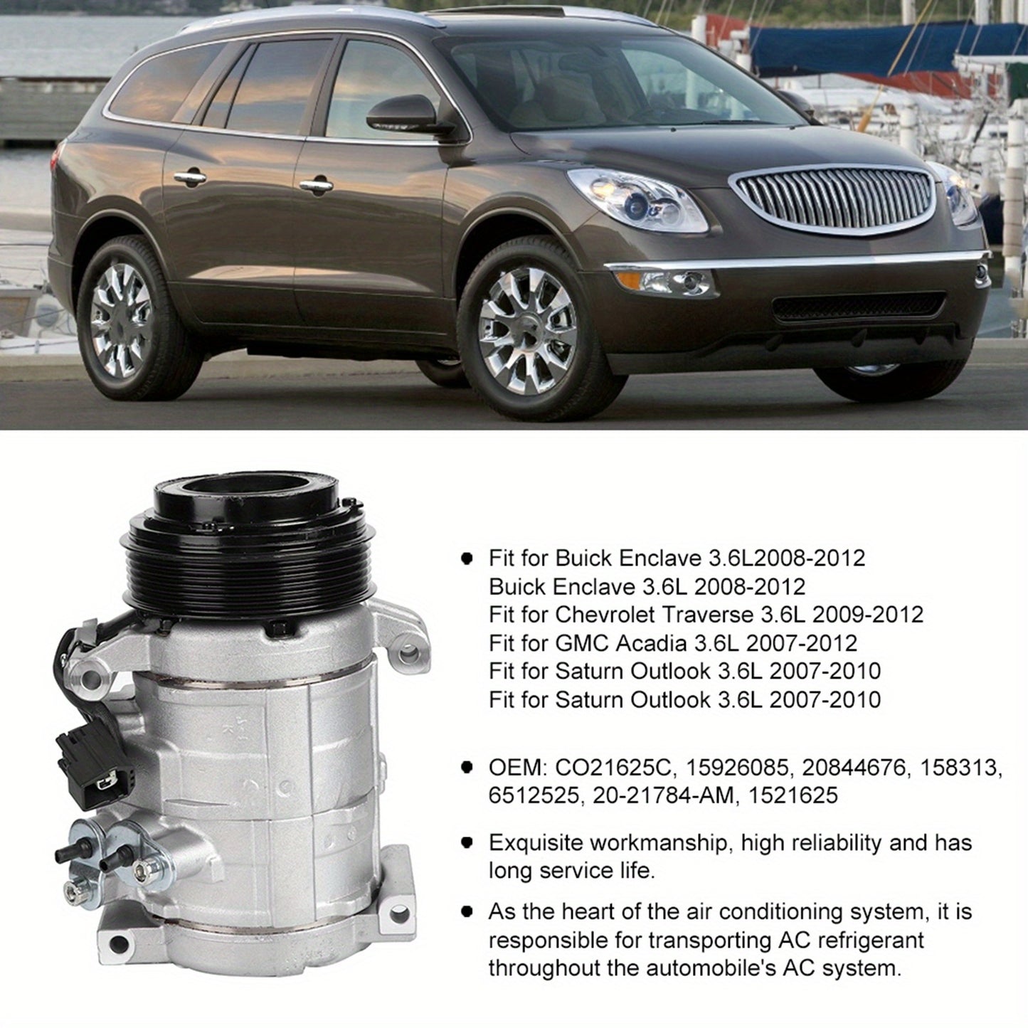 Air Conditioning Compressor 2007- 2010 For Saturn Outlook 3. 1.59gal 2009- 2012 For Chevrolet Traverse 3. 1.59gal AC Compressor For Car