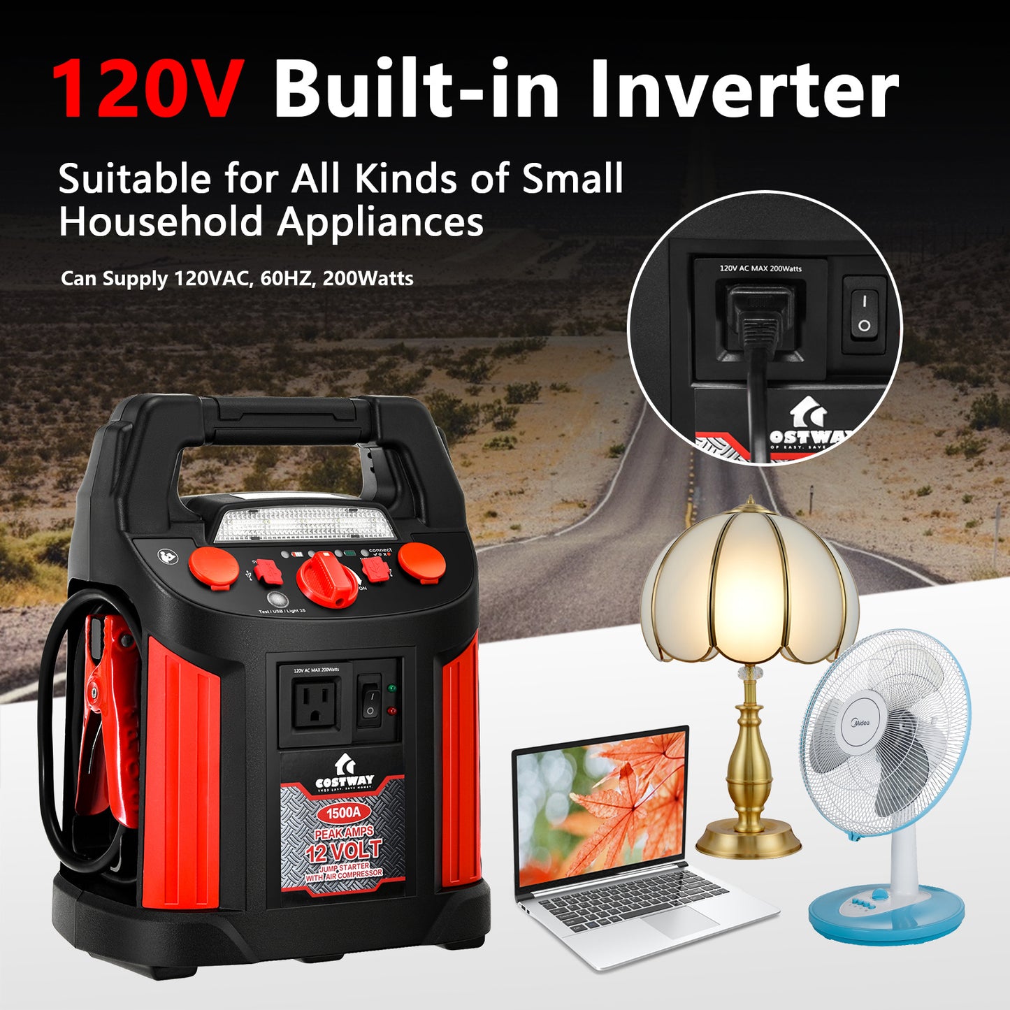 Multigot 1500 Peak/700 Cranking Amps Safe Lead-acid Battery Jump Starter Up To 1.19gal Gas, 118.35oz Diesel Engine, 12-Volt Car Battery Pack With 180 PSI Air Compressor And Built-in Inverter, Portable Power Bank With 2 USB Po