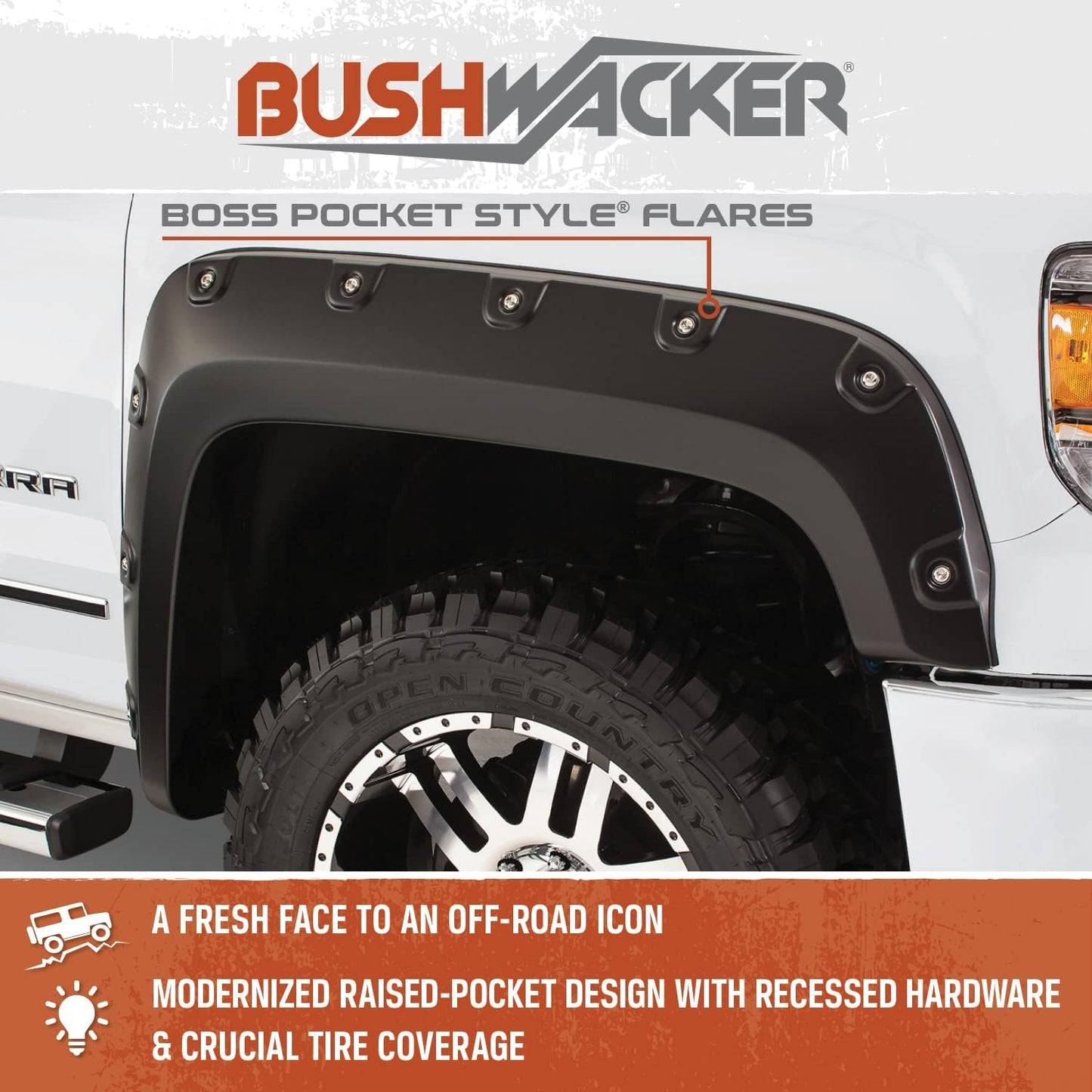 Boss Pocket/Rivet Style Rear Fender Flares | 2-Piece Set, Black, Smooth Finish | 40085-02 | Fits 2007-2013 GMC Sierra 1500; 2007-2014 Sierra 2500 HD