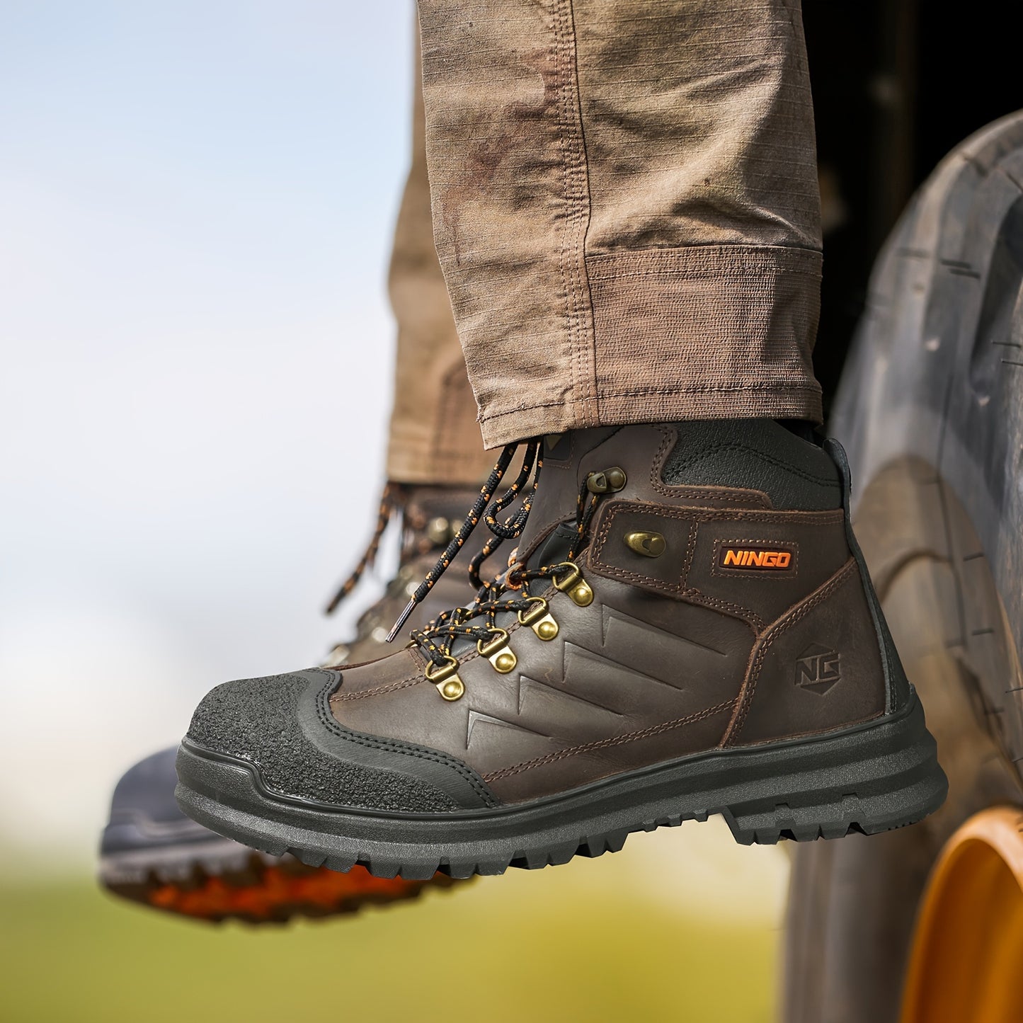 NINGO Men's Steel Toe Work Boots, Full Grain, Oil And Slip Resistant, Puncture Proof Construction Boots With Breathable Lining, Anti-static, Mens Safety Boots For Industrial, Warehouse