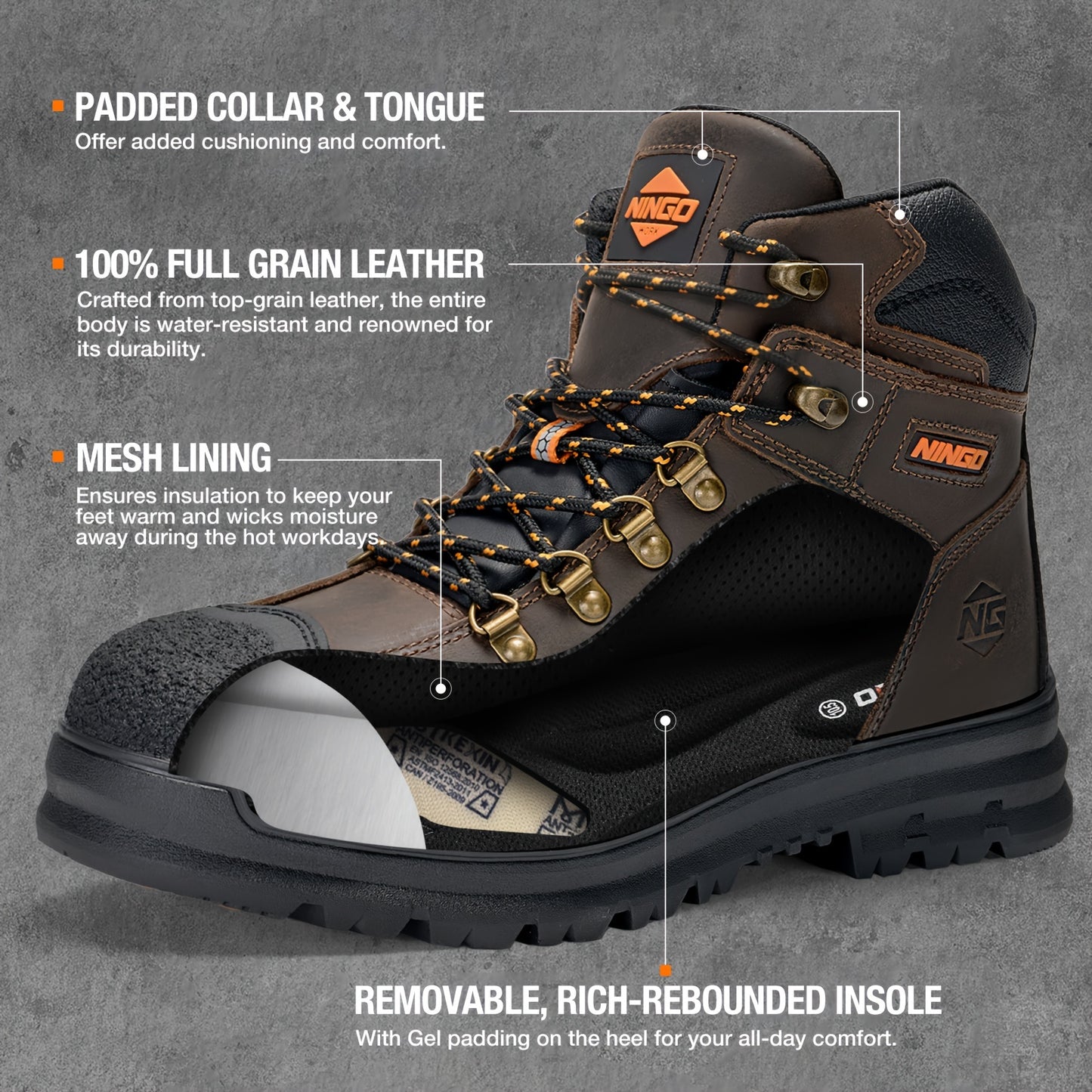 NINGO Men's Steel Toe Work Boots, Full Grain, Oil And Slip Resistant, Puncture Proof Construction Boots With Breathable Lining, Anti-static, Mens Safety Boots For Industrial, Warehouse