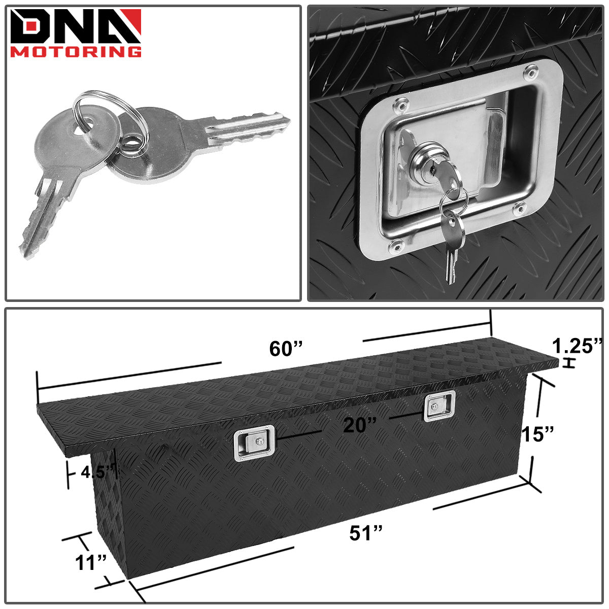 DNA Motoring Aluminum Pickup Truck Bed Trailer Key Lock Storage Tool Box