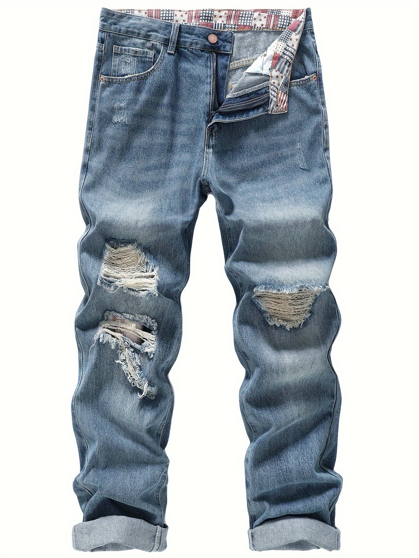 Men's Non-Stretch Ripped Regular Fit Straight-Leg Denim Pants Jeans