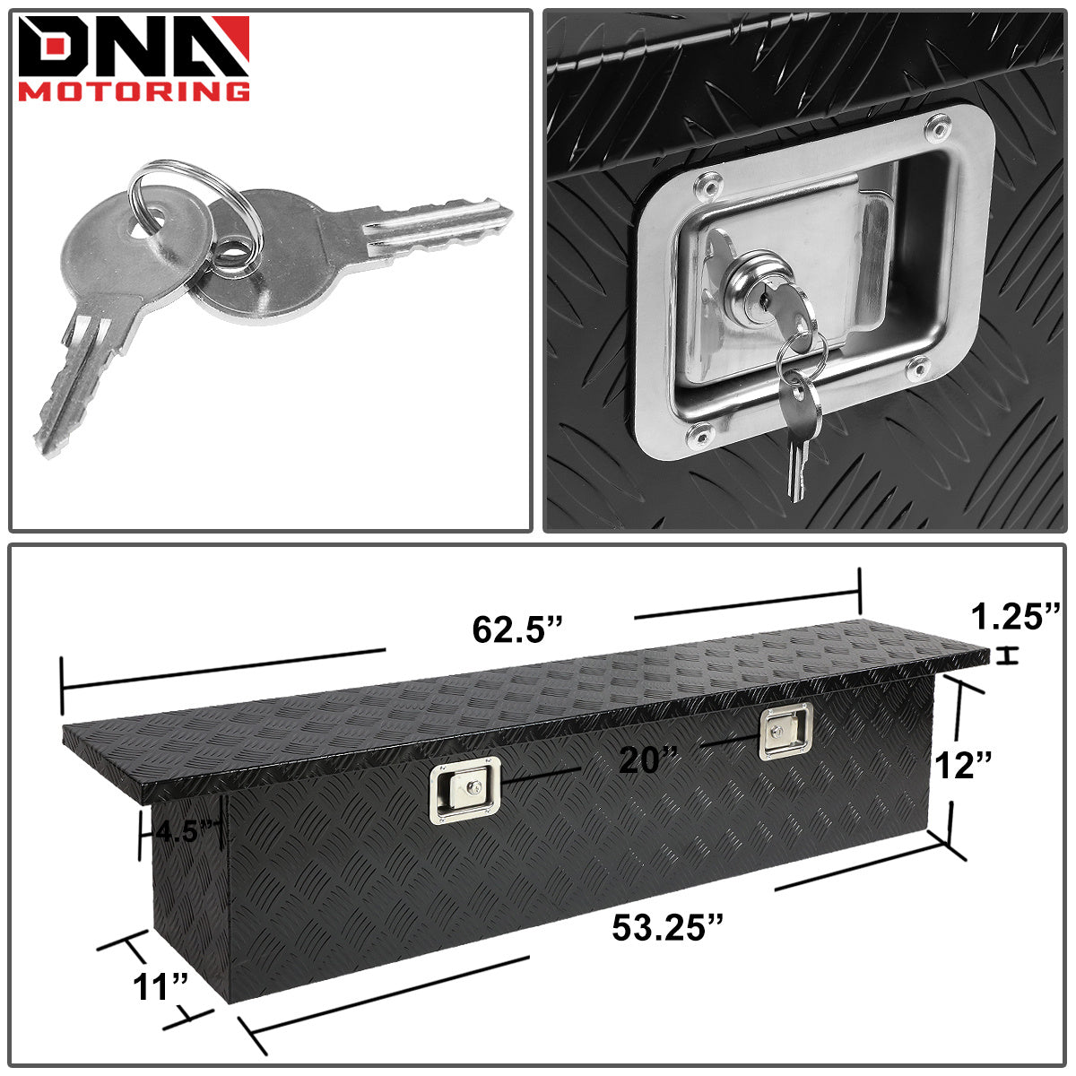 DNA Motoring Aluminum Pickup Truck Bed Trailer Key Lock Storage Tool Box