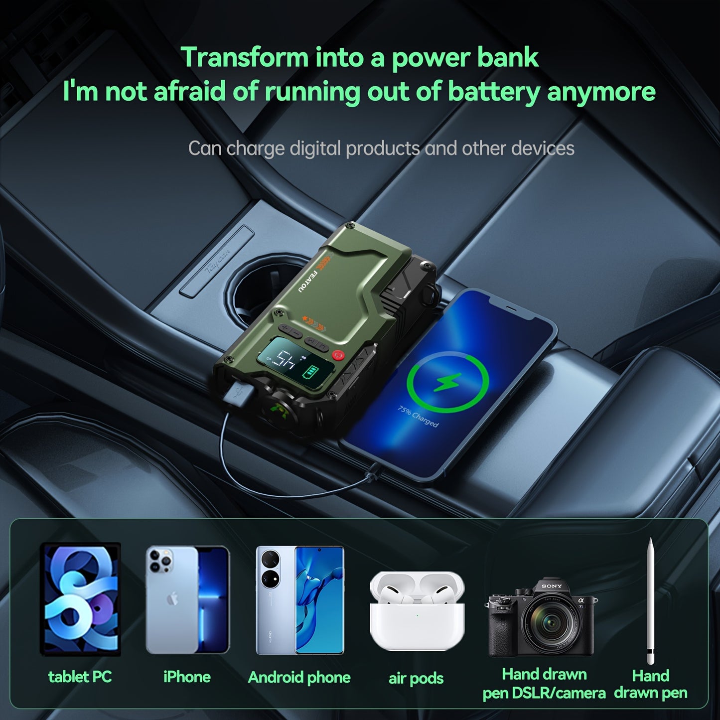 Jump Starter With Air Compressor 5in 1 Jump Starter, 7000A Emergency Starter (applicable To 12V/99% Gasoline Vehicles/2.51gal Diesel) 12VCar Battery Charger With Intelligent Safety Jumper Cable, Start Power Supply With Air Co