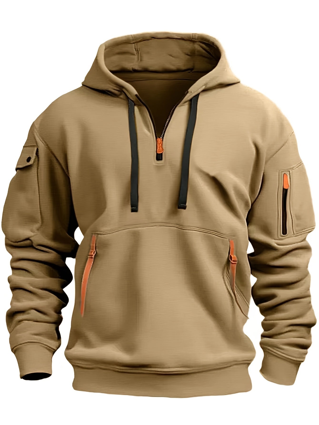 Men's Hooded Active Sweatshirt with Arm Pocket Zip Details - 100% Polyester Sports Style Pullover - Solid Color, Regular Fit Long Sleeve with Slight Stretch Knit Fabric