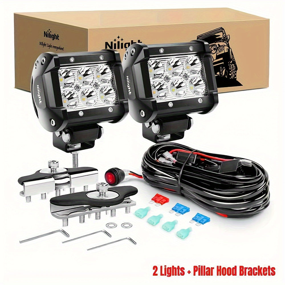 Nilight TZ-109 LED Light Bar 2PCS 18W Off Road Lights with 16AWG Wiring Harness Kit-2 Lead for Trucks Jeep UTV ATV Marine Boat