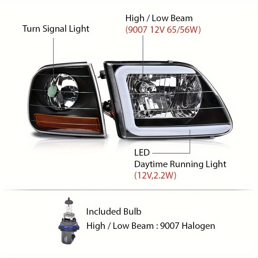 LED DRL Headlights & Corner Lights Fit For Ford For F-150 For Expedition 1997-2004 Clear Lens Black Housing Amber Reflector