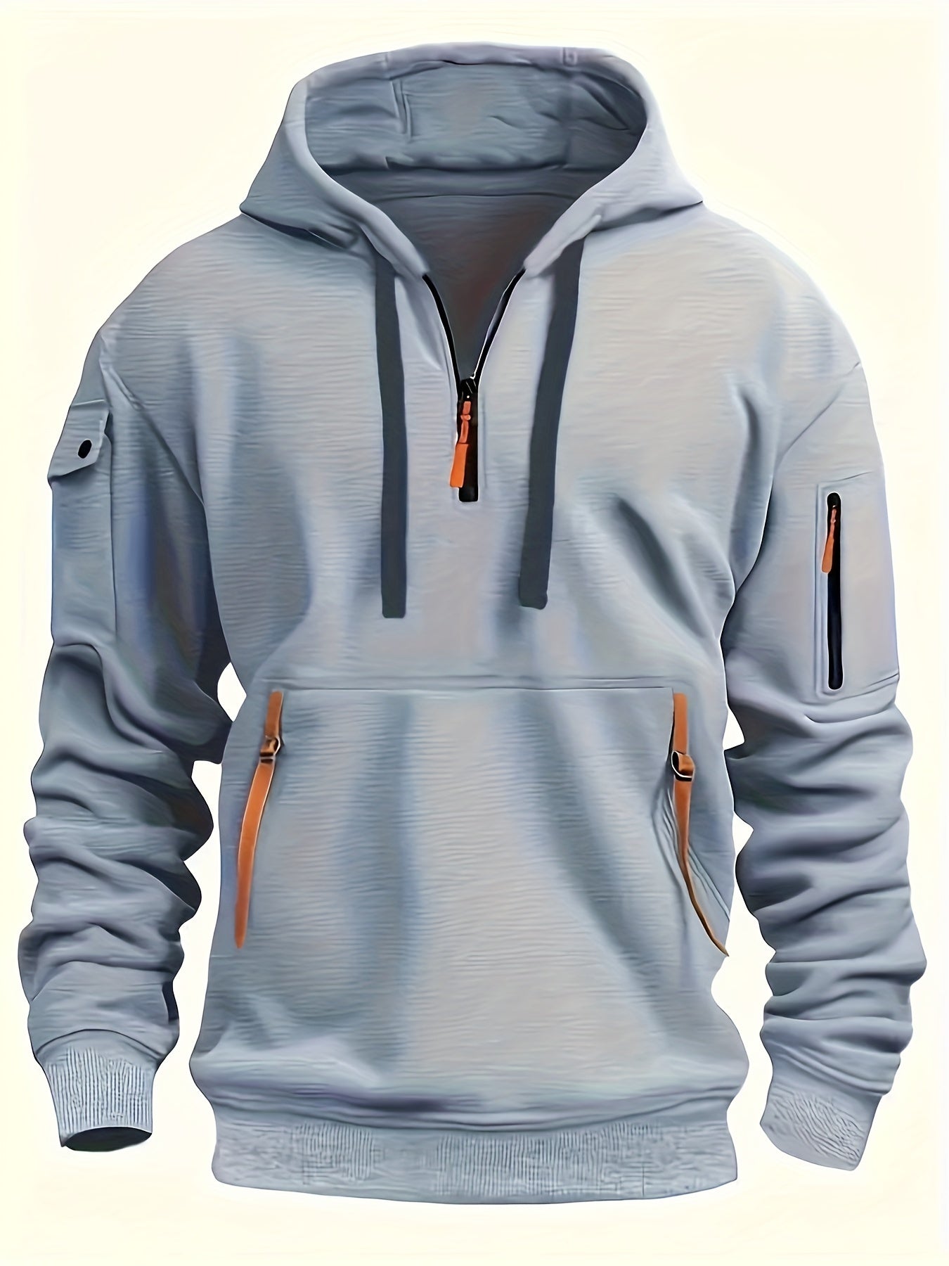 Men's Hooded Active Sweatshirt with Arm Pocket Zip Details - 100% Polyester Sports Style Pullover - Solid Color, Regular Fit Long Sleeve with Slight Stretch Knit Fabric