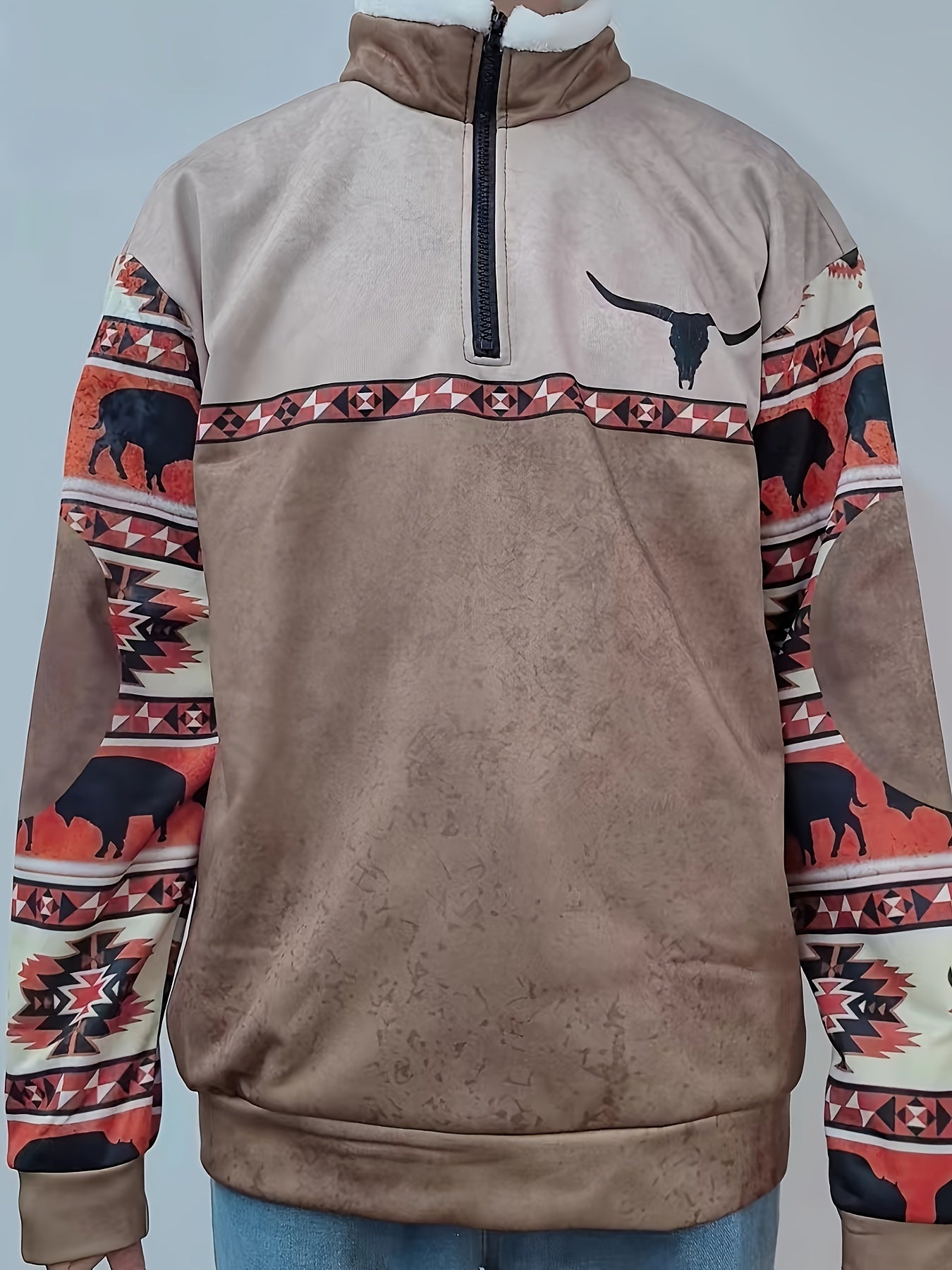 Men's Vintage Print Casual Long Sleeve 1/4 Zip Cowboy Sweatshirt, Western Aztec Fleece Pullover Sweatshirt, Winter Fall
