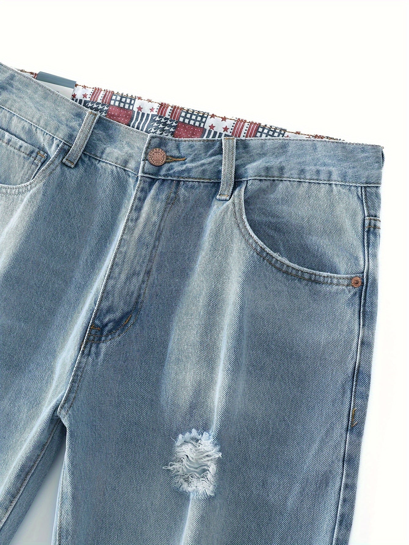 Men's Non-Stretch Ripped Regular Fit Straight-Leg Denim Pants Jeans