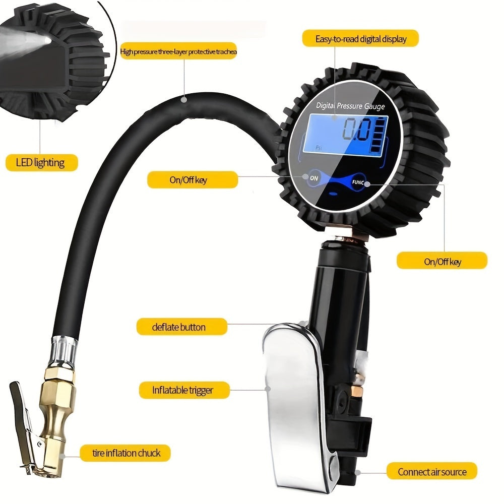 Accurate Digital Tire Inflator Gauge with Pressure Monitoring - Portable, Easy-to-Read Air Chuck for Truck, Car, Bike, and Motorcycle - Convenient, Space-Saving Design for Quick Inflation and Deflation