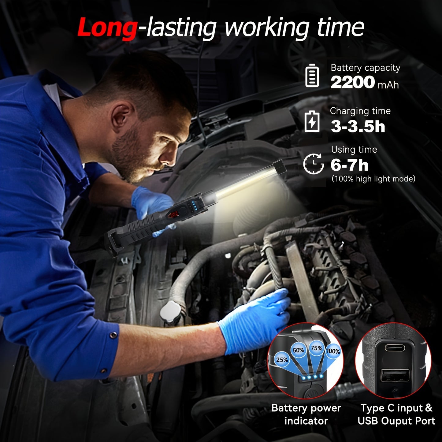 7 Lighting Modes High Lumens Rechargeable Work Light Magnetic Flashlight, Portable LED Grill Light, Foldable Mechanic Hand Held Light for Men, Car Repairing Tool, Guy Gift