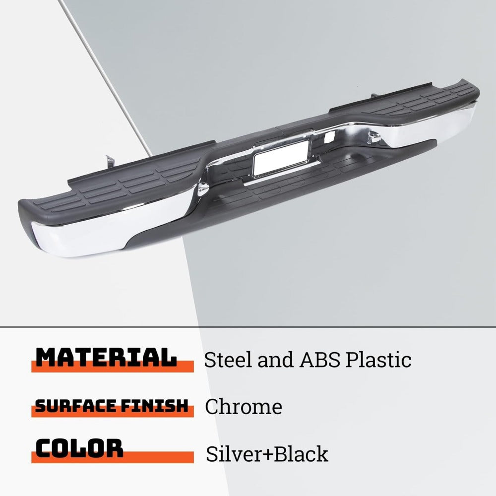 Rear Step Bumper Bar Chrome Compatible with 1999-2006 Chevy Chevrolet Silverado GMC Sierra 1500 WPad & License Plate Lights Replacement for GM1103122 12496085 FLEET SIDE BED ONLY