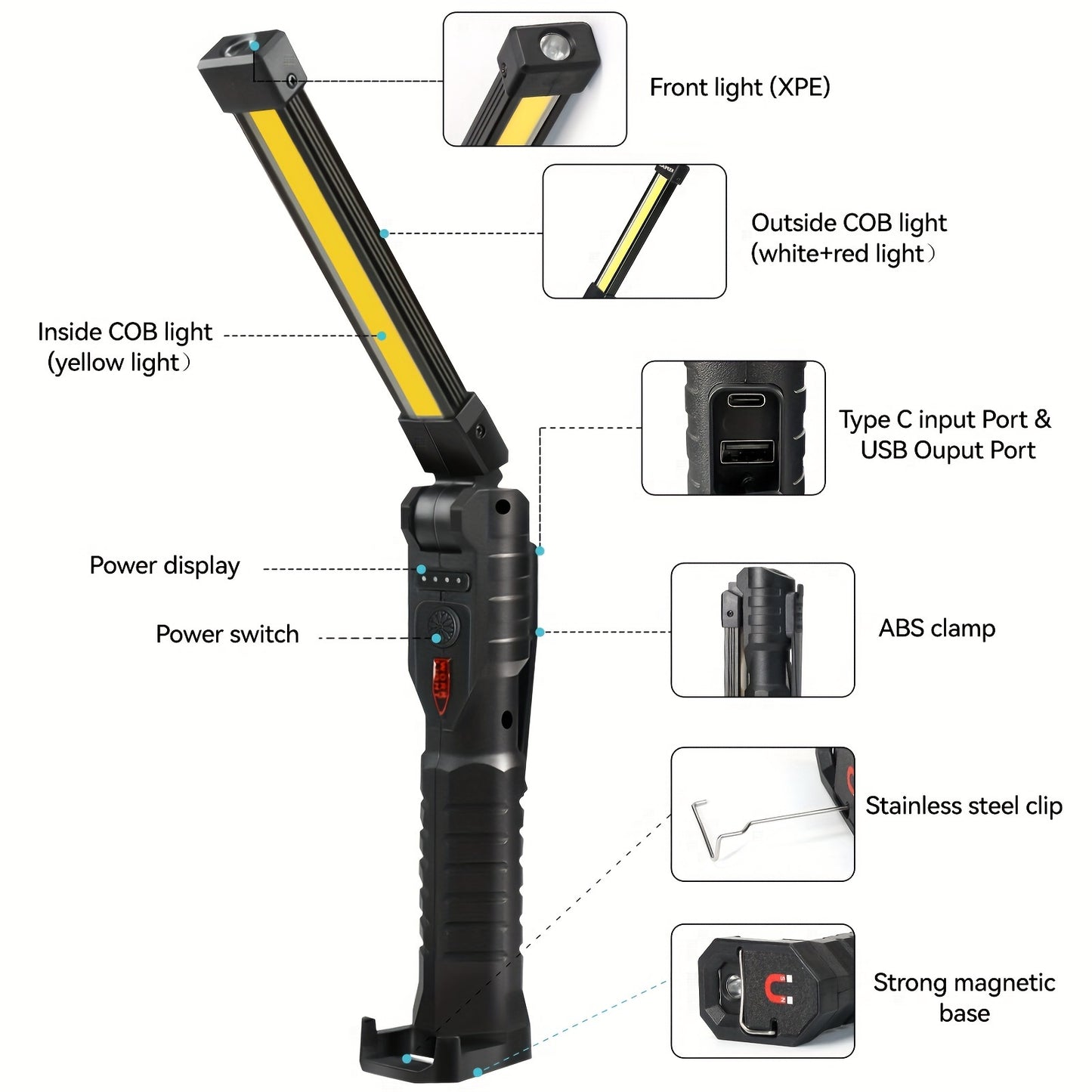 7 Lighting Modes High Lumens Rechargeable Work Light Magnetic Flashlight, Portable LED Grill Light, Foldable Mechanic Hand Held Light for Men, Car Repairing Tool, Guy Gift