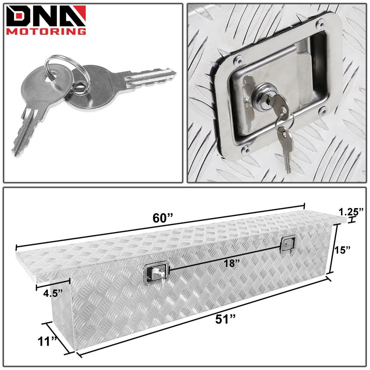 DNA Motoring Aluminum Pickup Truck Bed Trailer Key Lock Storage Tool Box