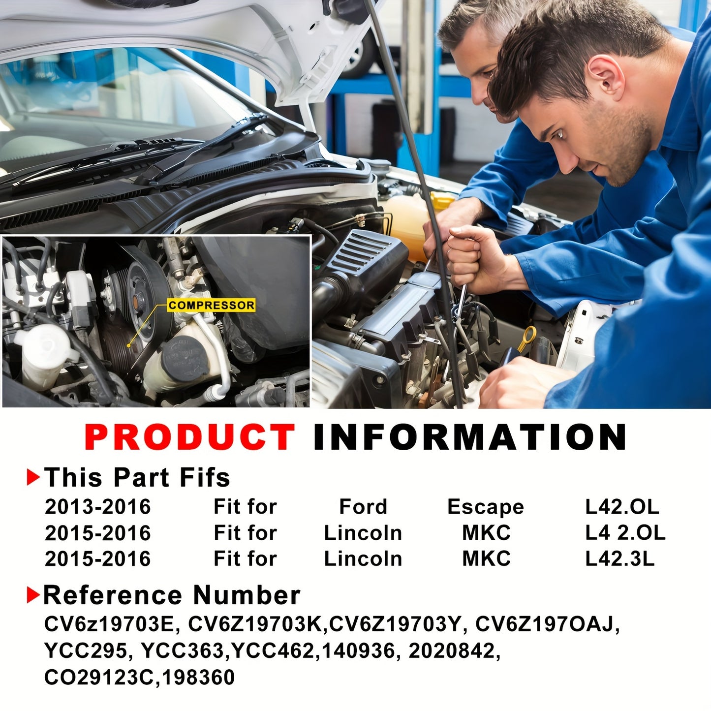 Air Conditioner Compressor With Clutch For Ford Escape 2013-2016 Lincoln MKC 2015-2016 L4 2.0 L 77.77oz VS16 Style