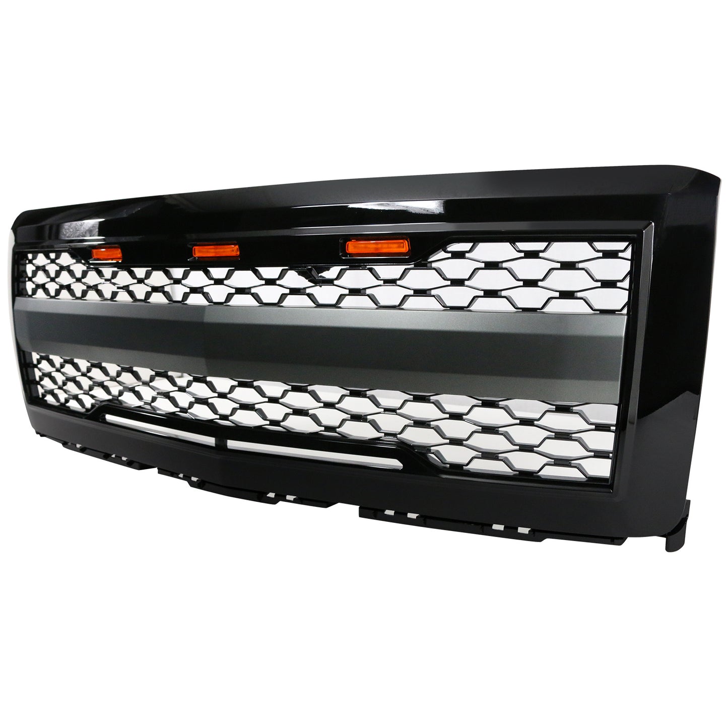 For Chevy For Silverado 1500 14-15 Front Bumper Hood Mesh Grille Guard with Amber Signal Light Gloss Black