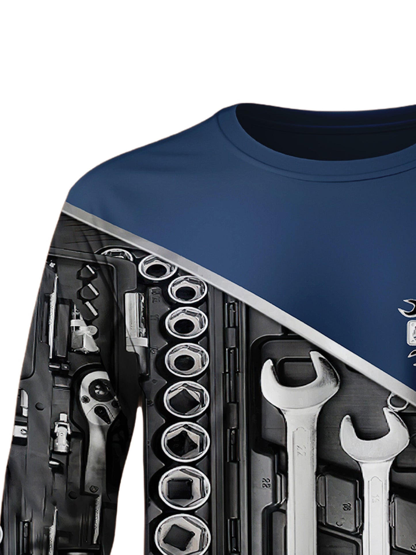 Long Sleeve Men's Fashion Tool Wrench Print Crew Neck T-Shirt for Casual Wear, Spring/Fall, Gift For Men