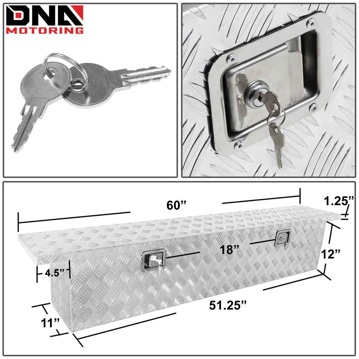 DNA Motoring Aluminum Pickup Truck Bed Trailer Key Lock Storage Tool Box