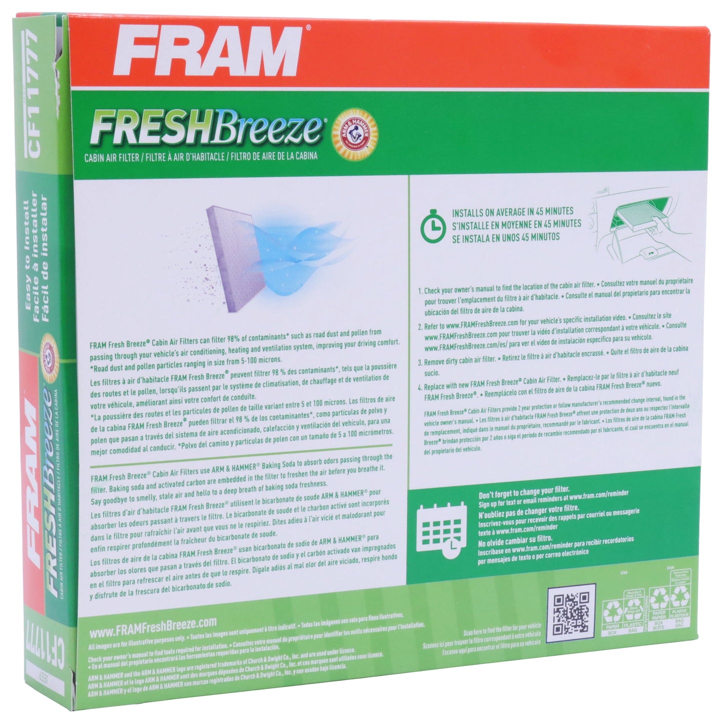 Fresh Breeze CF11777 Cabin Air Filter for Select Jeep Vehicles with Arm and Hammer Baking Soda