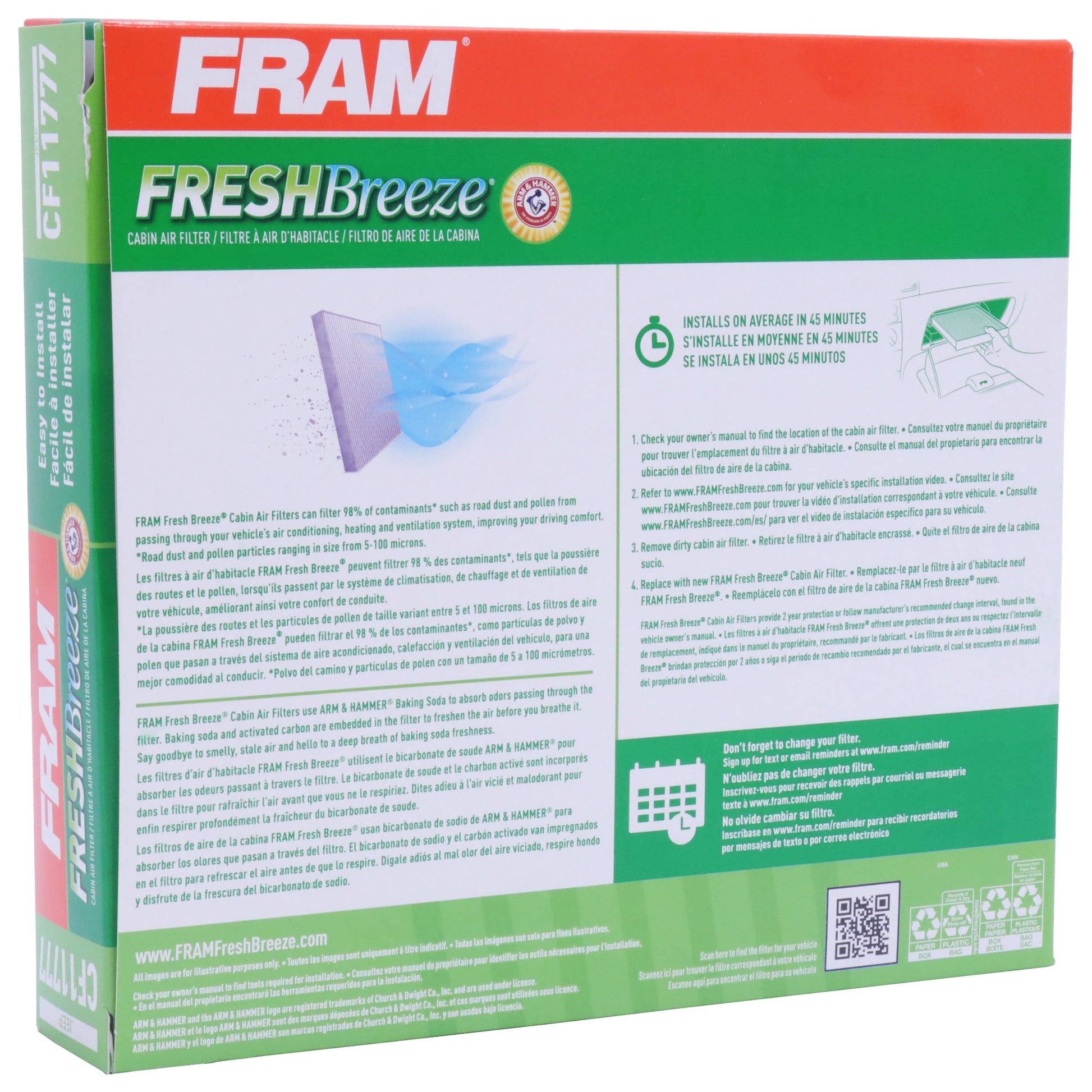 Fresh Breeze CF11777 Cabin Air Filter for Select Jeep Vehicles with Arm and Hammer Baking Soda