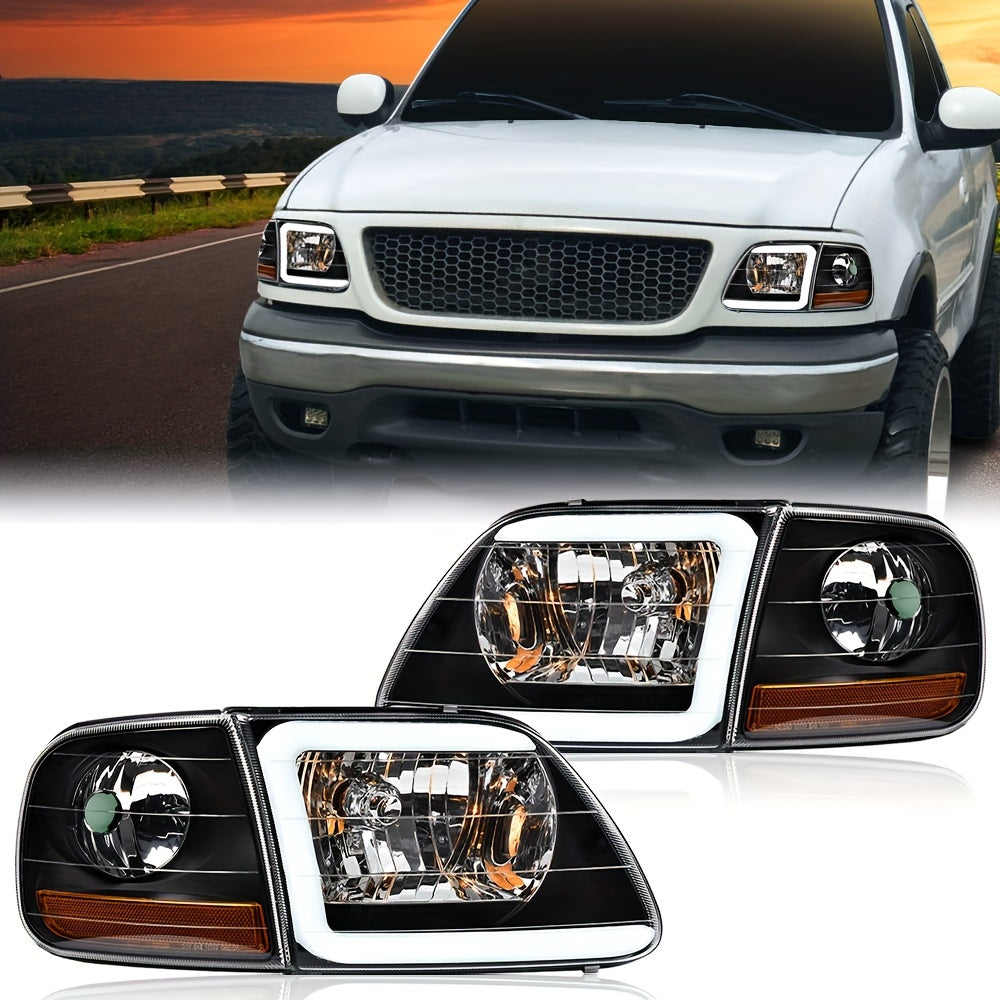 LED DRL Headlights & Corner Lights Fit For Ford For F-150 For Expedition 1997-2004 Clear Lens Black Housing Amber Reflector
