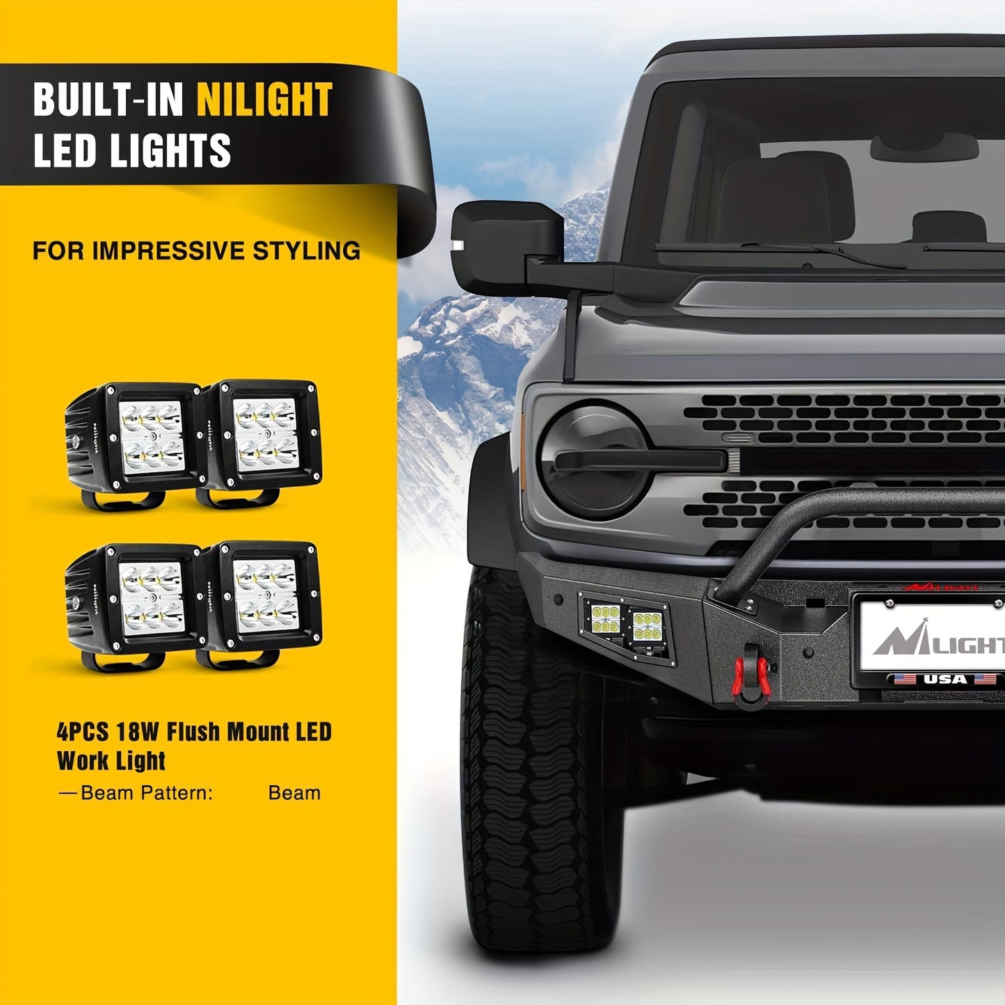 Nilight Front Bumper Compatible For 2021 2022 2023 2024 Ford Bronco With 4X18w Flush Mount LED Work Lights Winch Plate License Plate Bracket Sensor Hole
