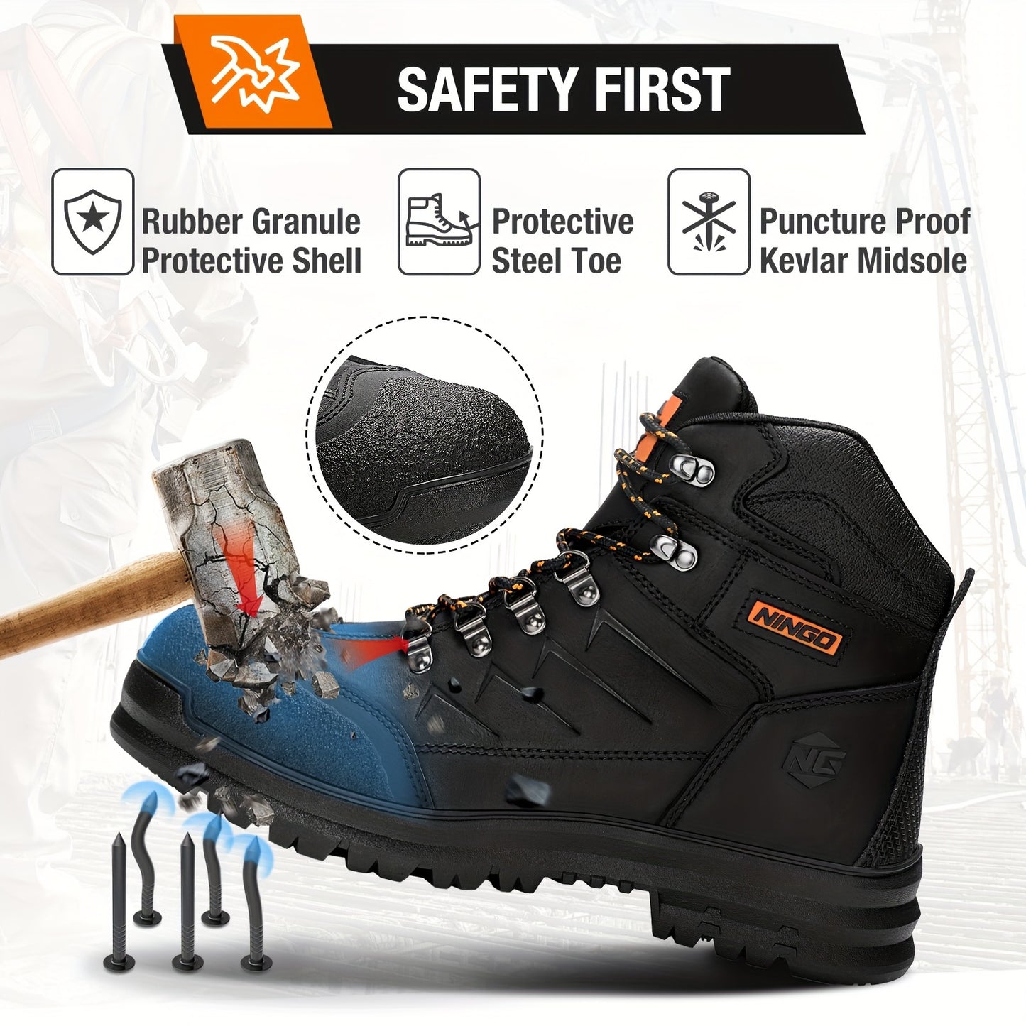 NINGO Men's Steel Toe Work Boots, Full Grain, Oil And Slip Resistant, Puncture Proof Construction Boots With Breathable Lining, Anti-static, Mens Safety Boots For Industrial, Warehouse
