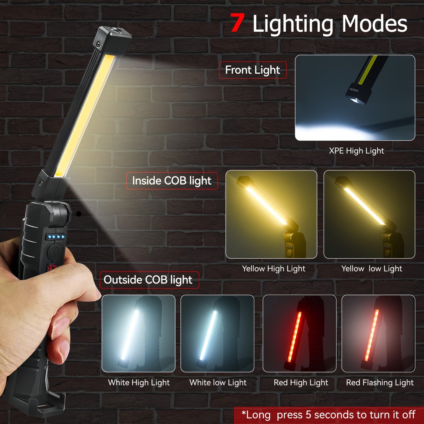 7 Lighting Modes High Lumens Rechargeable Work Light Magnetic Flashlight, Portable LED Grill Light, Foldable Mechanic Hand Held Light for Men, Car Repairing Tool, Guy Gift