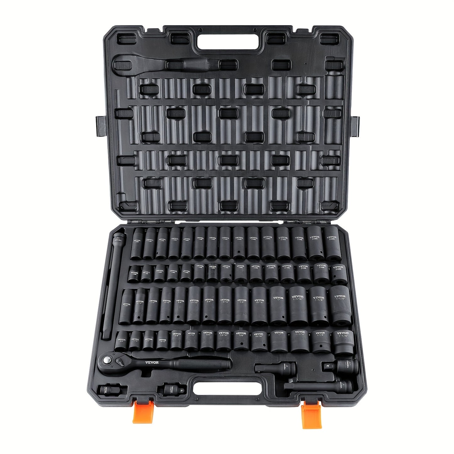 65-Piece 1/2" Drive Impact Socket Set, Cr-V Alloy Steel SAE 3/8" To 1-1/4" And Metric 10-24mm, 6 Point, Easy-to-Read Size Markings, Rugged Construction, Storage Case For Auto Repair