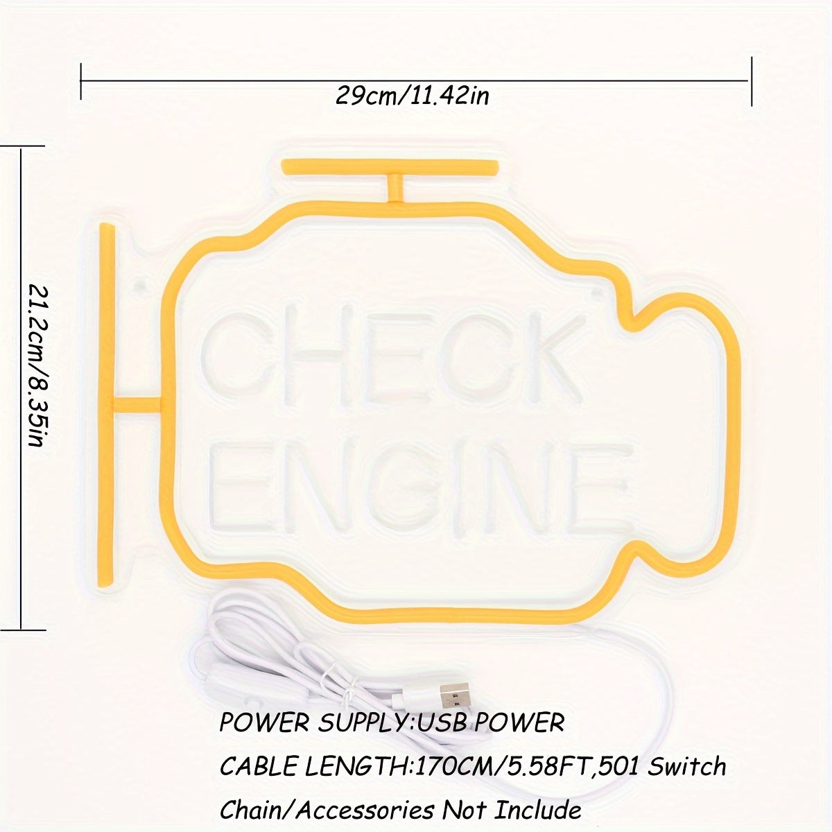 Luminous Repair, Vibrant Yellow 3D Curved 'CHECK ENGINE' LED Neon Sign - Perfect for Garage, Auto Repair Shop & Workshop Decor, USB Powered, Wall-Mounted, 11.42"x8.35