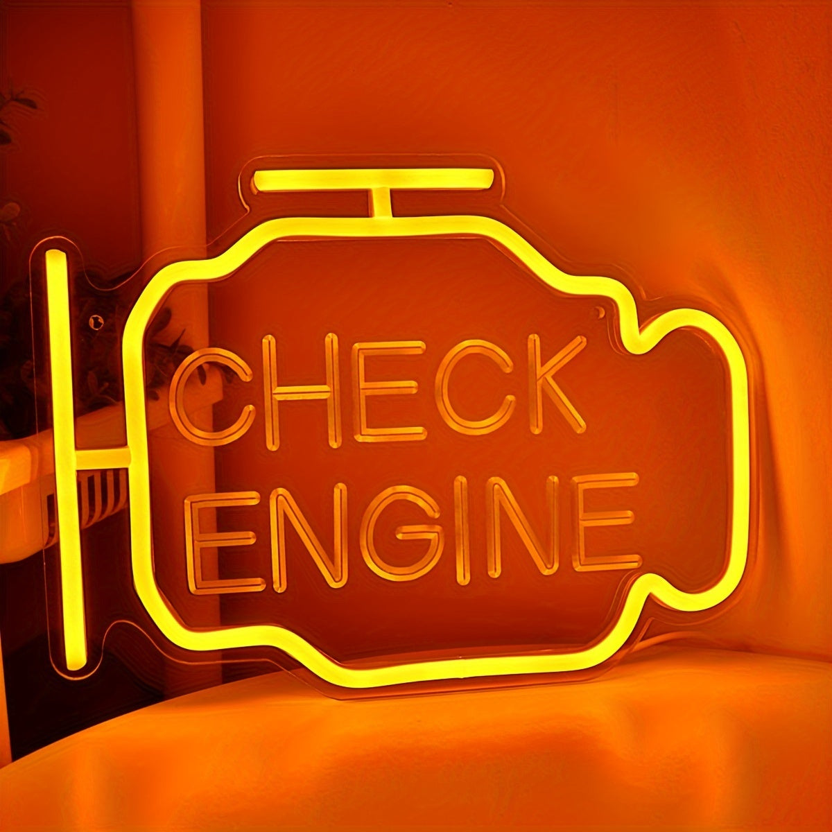 Luminous Repair, Vibrant Yellow 3D Curved 'CHECK ENGINE' LED Neon Sign - Perfect for Garage, Auto Repair Shop & Workshop Decor, USB Powered, Wall-Mounted, 11.42"x8.35