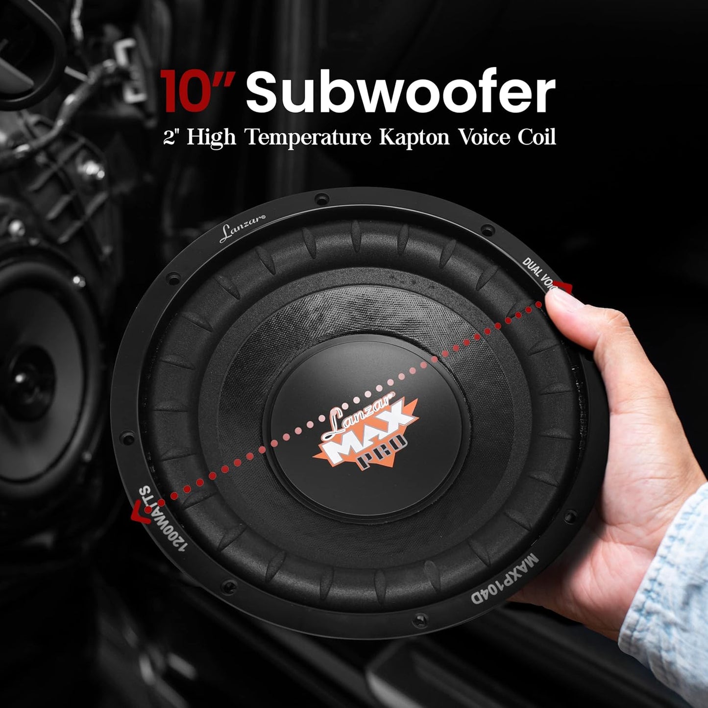 Lanzar 10In Car Subwoofer Speaker Non-Pressed Paper Cone, Stamped Plastic Basket, Dual 4 Ohm Impedance for Vehicle Audio Stereo Sound System MAXP104D