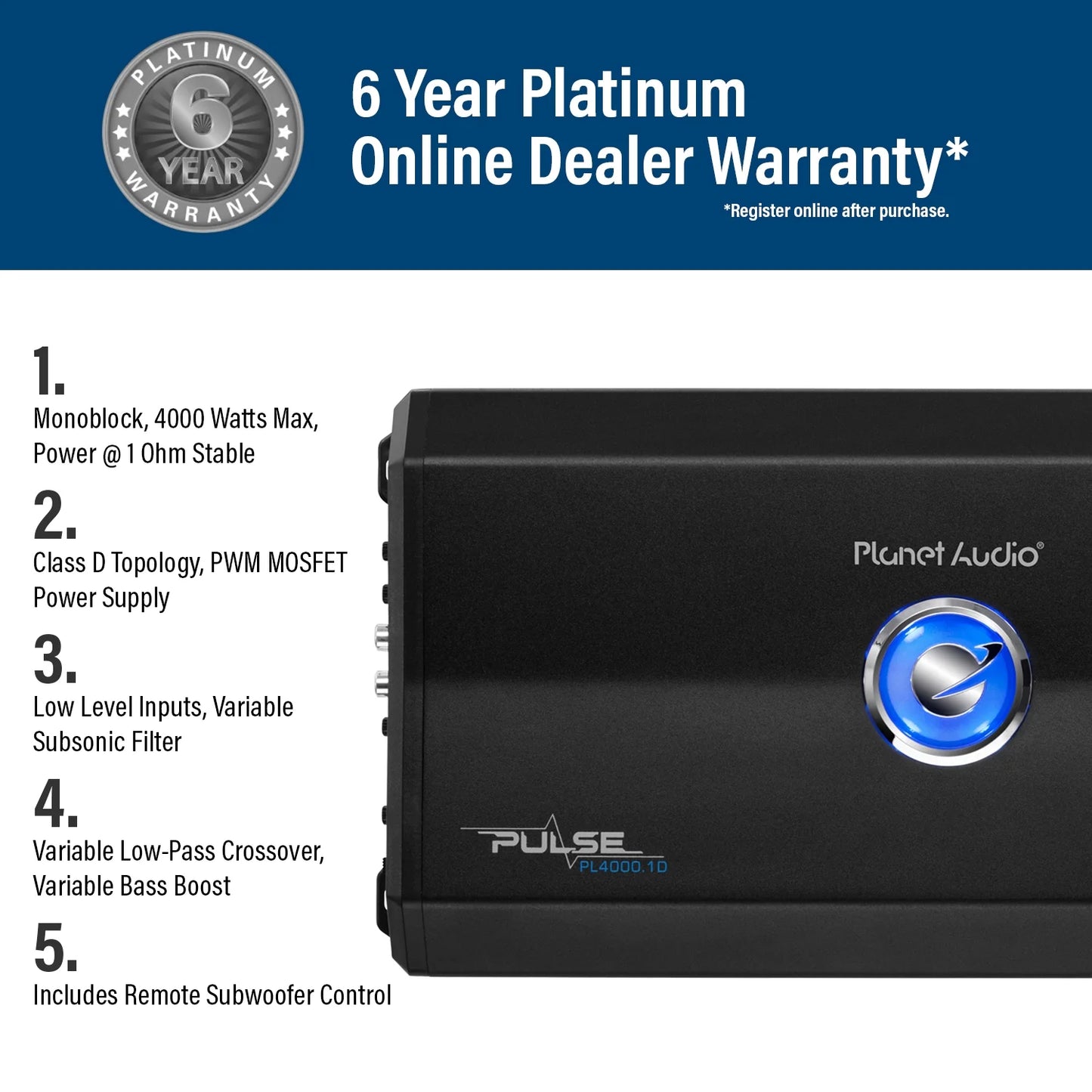 PL4000.1D 4000 W Max 1 Ohm Monoblock Class D Car Stereo Amplifier