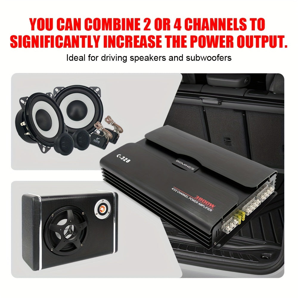 MAX.3800W 4-channel Class A/B Car Stereo Amplifier, RMS.4*80W High Output, 2/4 Ohm Stable, High/low Level Input, Bridgeable, Good Heat Dissipation, Improved Sound Quality, Suitable For Speakers And Subwoofers