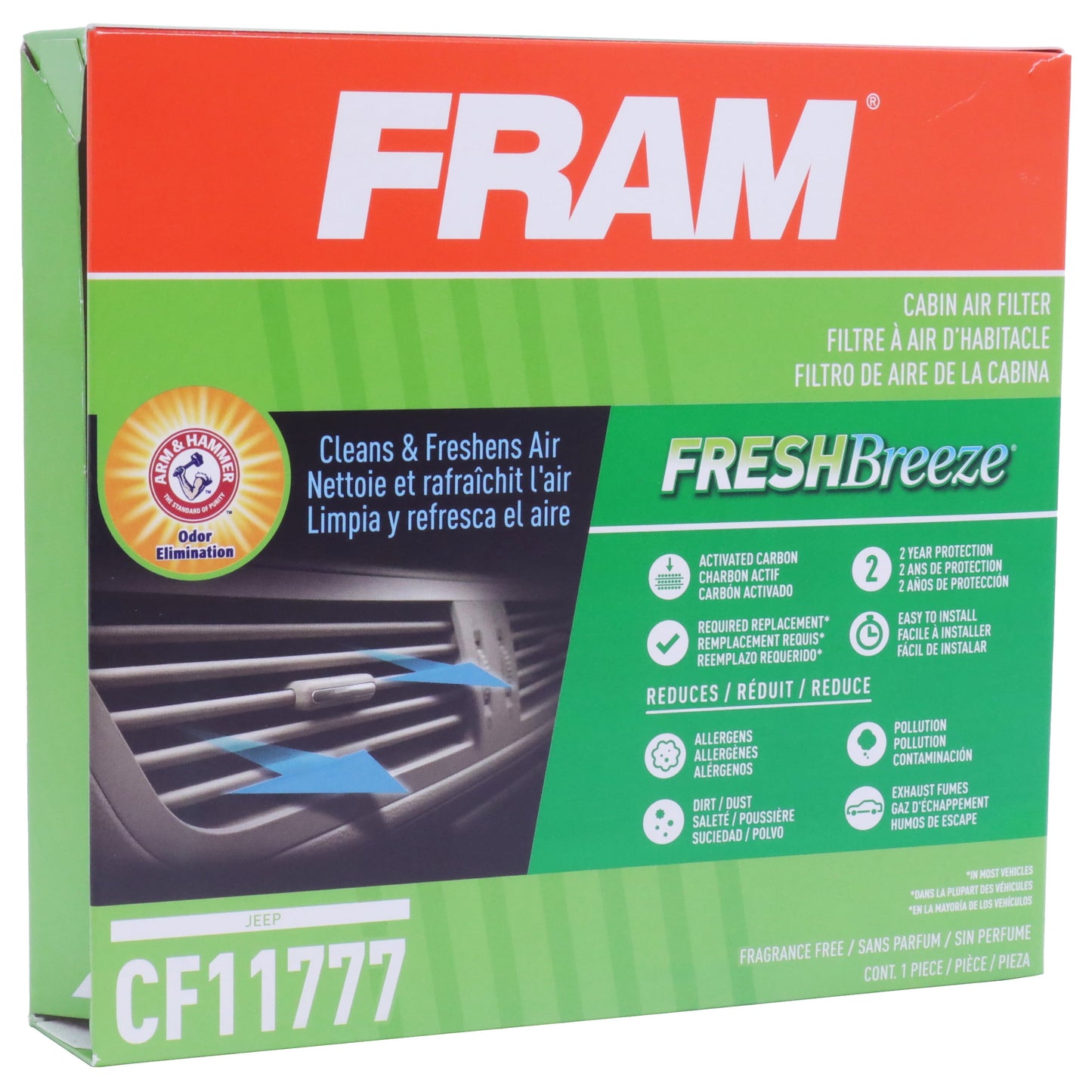 Fresh Breeze CF11777 Cabin Air Filter for Select Jeep Vehicles with Arm and Hammer Baking Soda