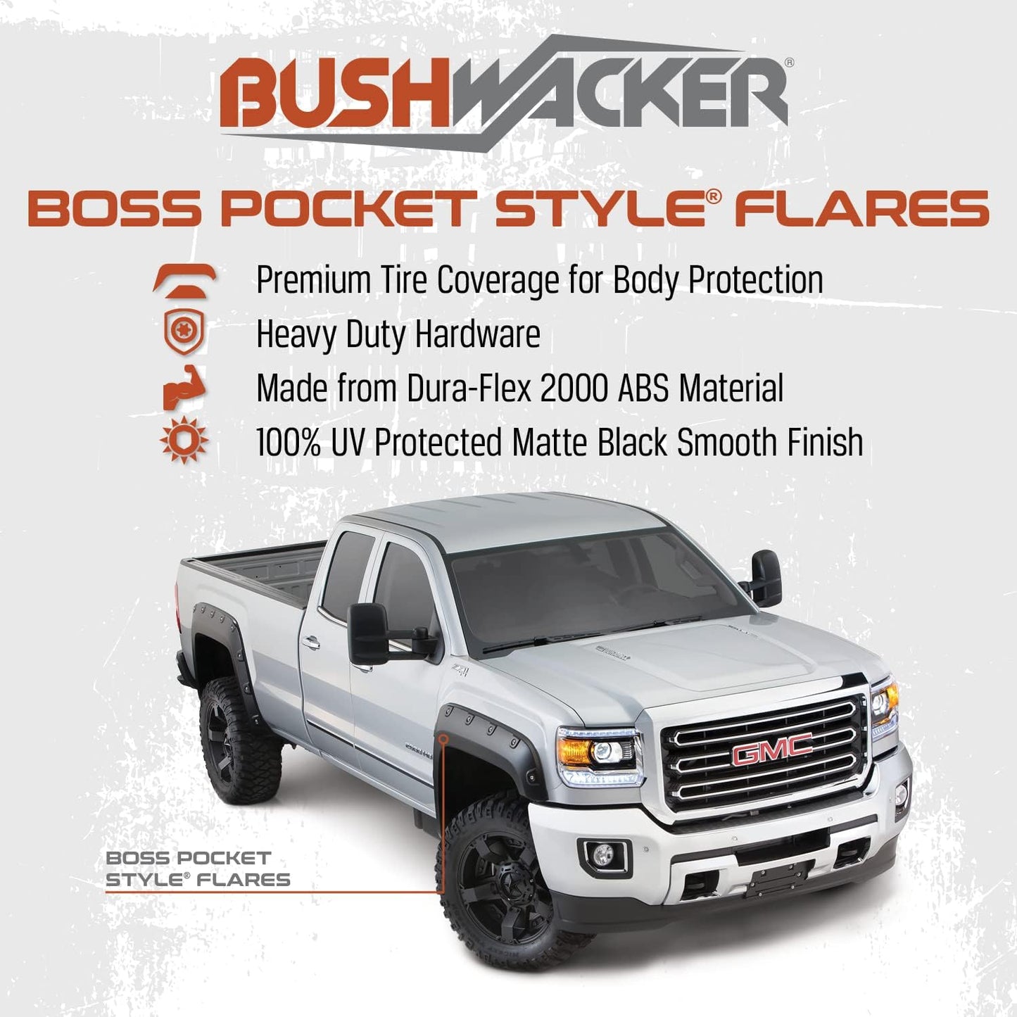 Boss Pocket/Rivet Style Rear Fender Flares | 2-Piece Set, Black, Smooth Finish | 40085-02 | Fits 2007-2013 GMC Sierra 1500; 2007-2014 Sierra 2500 HD