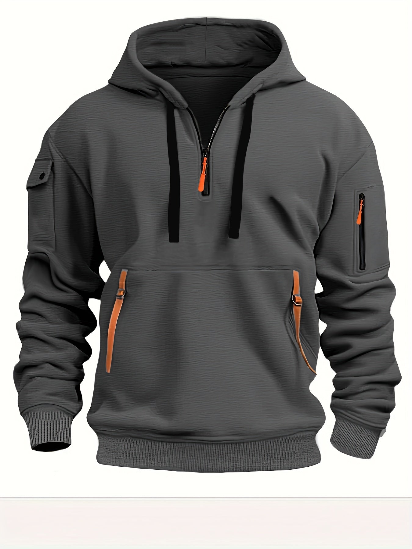 Men's Hooded Active Sweatshirt with Arm Pocket Zip Details - 100% Polyester Sports Style Pullover - Solid Color, Regular Fit Long Sleeve with Slight Stretch Knit Fabric